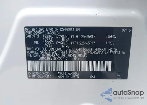 2016 Toyota Rav4 Hv Xle z USA, uszkodzony, nr VIN JTMRJREV1GD022217